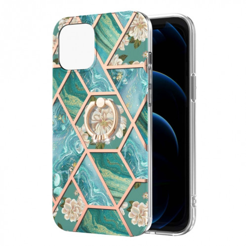 Épissage de galvanoplastie Modèle de fleur de marbre TPU Cas antichoc avec porte-bague en strass pour iPhone 13 Pro (fleur bleue) SH503D1040-04