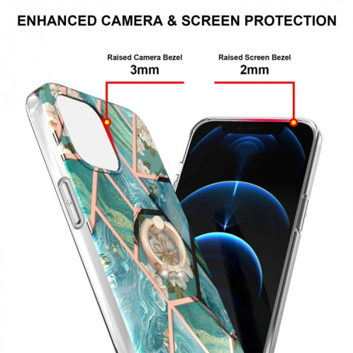 Épissage de galvanoplastie Modèle de fleur de marbre TPU Cas antichoc avec porte-bague en strass pour iPhone 13 Pro (fleur bleue) SH503D1040-04