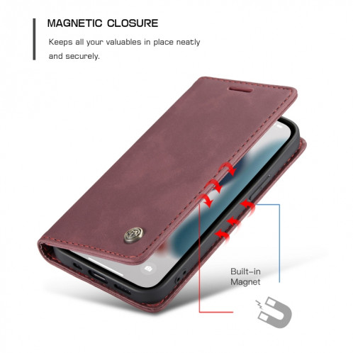 Caseme-013 Étui en cuir horizontal horizontal rétro multifonctionnel givré avec fente et portefeuille de carte et portefeuille pour iPhone 13 Pro (Rouge de vin) SC203D1577-08