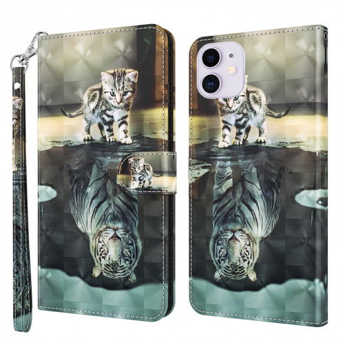 Motif de peinture 3D Horizontal Flip TPU + PU Coating avec porte-carte et portefeuille pour iPhone 13 (Tigre de chat) SH402C1298-07