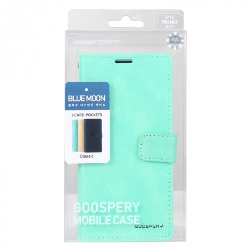 GOOSPERY Blue Moon Crazy Horse Texture Horizontale Flip Cuir Case avec support & Card Slot & Portefeuille pour iPhone 13 Pro Max (Mint Green) SG804H1682-07