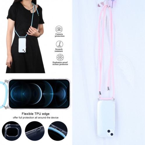 Cas de protection TPU TPU transparent à quatre angles avec lanière pour iPhone 13 (rose) SH501J1249-07