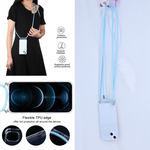 Cas de protection TPU transparent transparent à quatre angles avec lanière pour iPhone 13 (Blue Lac) SH501N164-07