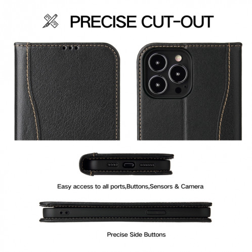Véritable étui en cuir horizontal horizontal avec porte-cartes et portefeuille pour iPhone 13 (noir) SH602A259-07
