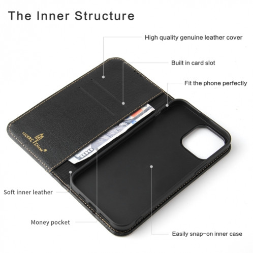 Véritable étui en cuir horizontal horizontal avec porte-cartes et portefeuille pour iPhone 13 (noir) SH602A259-07