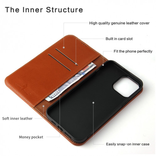 Véritable étui en cuir horizontal horizontal avec porte-carte et portefeuille pour iPhone 13 (Brown) SH602C407-07
