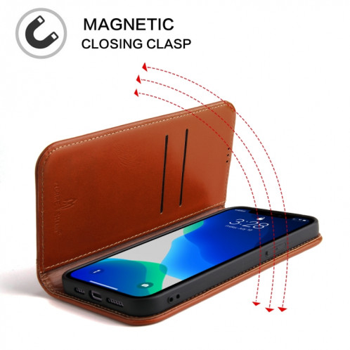 Véritable étui en cuir horizontal horizontal avec porte-carte et portefeuille pour iPhone 13 (Brown) SH602C407-07