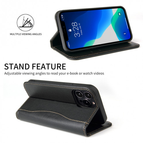 Véritable étui en cuir horizontal horizontal avec porte-carte et portefeuille pour iPhone 13 Pro (Noir) SH603A82-07