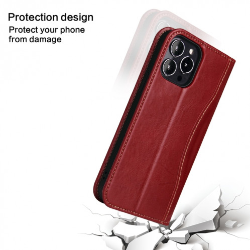 Véritable étui en cuir horizontal horizontal avec porte-carte et portefeuille et portefeuille pour iPhone 13 Pro (Rouge de vin) SH603B1487-07