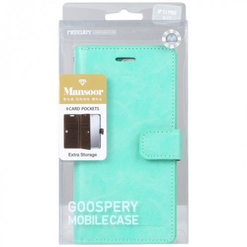 GOOSPERY MANSOOR Crazy Horse Texture Horizontal Flip Coating Boot avec porte-cartes et portefeuille pour iPhone 13 Pro (Mint Green) SG103B1764-07