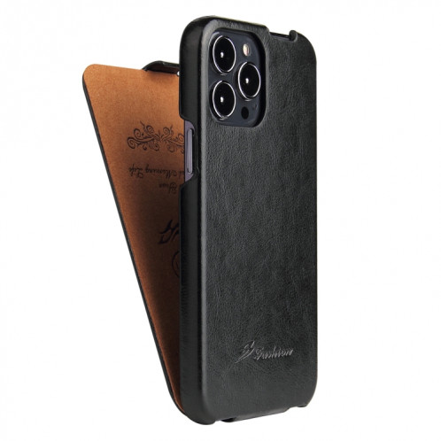Fierre Shann Texture de la cire de la cire de la cire Vertical Flip PU pour iPhone 13 Pro (Noir) SF202A844-06
