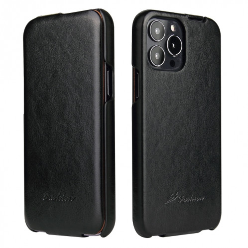 Fierre Shann Texture de la cire de la cire de la cire Vertical Flip PU pour iPhone 13 Pro (Noir) SF202A844-06