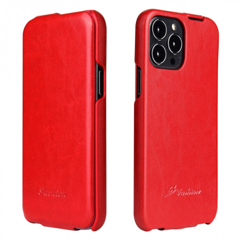 Fierre Shann Texture de la cire de la cire de la cire Vertical Flip PU pour iPhone 13 Pro (rouge) SF202B1338-06