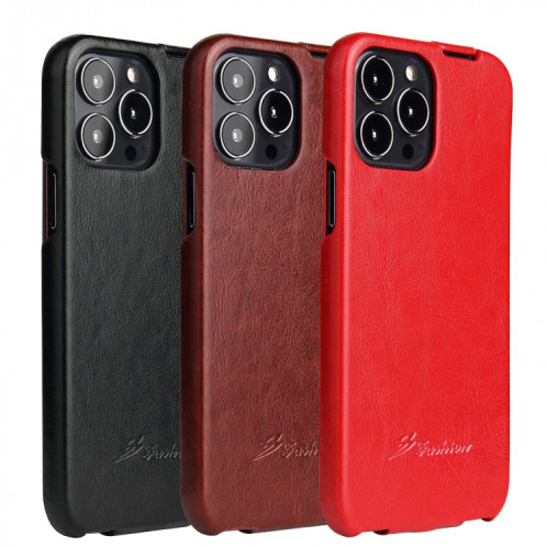 Fierre Shann Texture de la cire de la cire de la cire Vertical Flip PU pour iPhone 13 Pro (rouge) SF202B1338-06