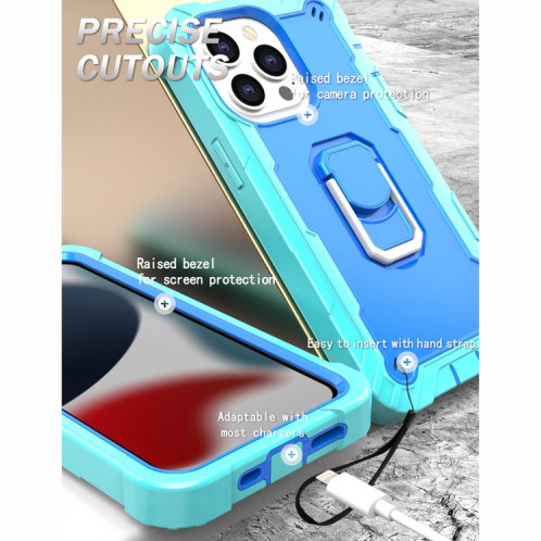 PC + Caoutchouc en caoutchouc 3 couches de protection antichoc avec support rotatif pour iPhone 13 Pro (Mint Vert + Bleu) SH503A236-07