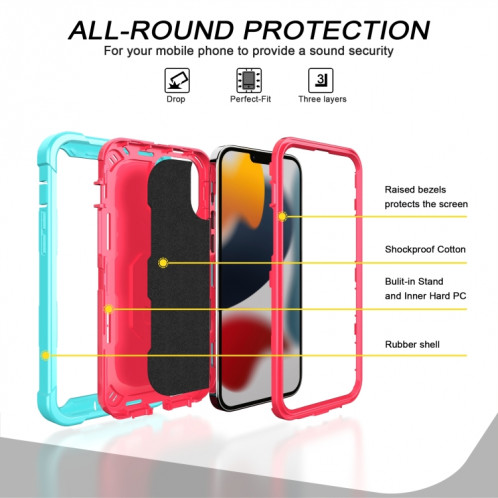PC + Caoutchouc en caoutchouc 3 couches de protection antichoc avec support rotatif pour iPhone 13 Pro (Mint Green + Rose Rouge) SH503B975-07