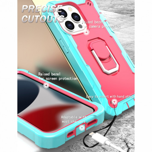PC + Caoutchouc en caoutchouc 3 couches de protection antichoc avec support rotatif pour iPhone 13 Pro (Mint Green + Rose Rouge) SH503B975-07