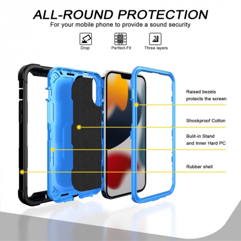 PC + Caoutchouc en caoutchouc 3 couches de protection antichoc avec support rotatif pour iPhone 13 Pro (noir + bleu) SH503D1197-07