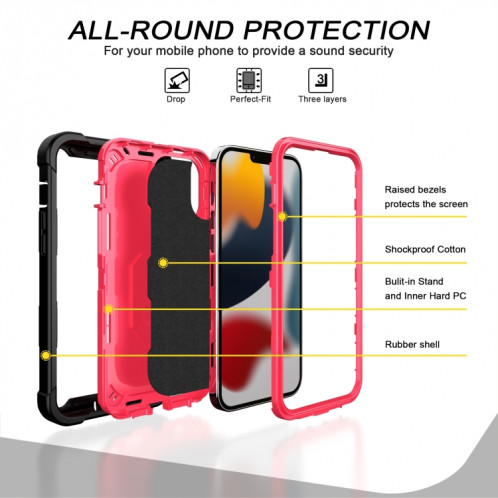PC + Caoutchouc en caoutchouc 3 couches de protection antichoc avec support rotatif pour iPhone 13 Pro (noir + rose rouge) SH503E594-07
