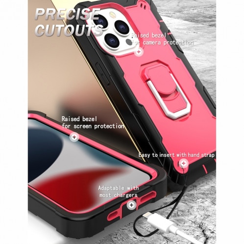 PC + Caoutchouc en caoutchouc 3 couches de protection antichoc avec support rotatif pour iPhone 13 Pro (noir + rose rouge) SH503E594-07