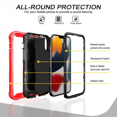 PC + Caoutchouc en caoutchouc 3 couches de protection antichoc avec support rotatif pour iPhone 13 Pro (rouge + noir) SH503F1181-07