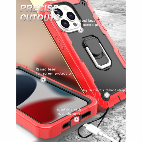 PC + Caoutchouc en caoutchouc 3 couches de protection antichoc avec support rotatif pour iPhone 13 Pro (rouge + noir) SH503F1181-07