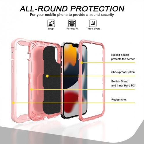 PC + Caoutchouc en caoutchouc Tasse de protection antichoc avec support rotatif pour iPhone 13 Pro (or rose) SH503I314-07