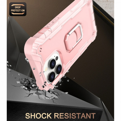 PC + Caoutchouc en caoutchouc Tasse de protection antichoc avec support rotatif pour iPhone 13 Pro (or rose) SH503I314-07