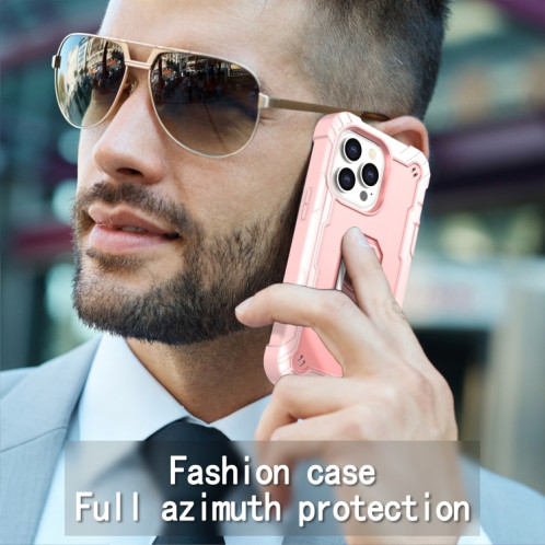 PC + Caoutchouc en caoutchouc Tasse de protection antichoc avec support rotatif pour iPhone 13 Pro (or rose) SH503I314-07