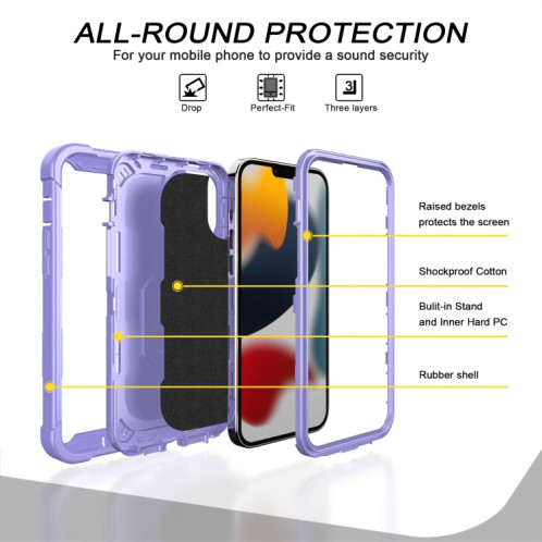 PC + Caoutchouc en caoutchouc 3 couches de protection antichoc avec support rotatif pour iPhone 13 Pro (violet) SH503J1381-07