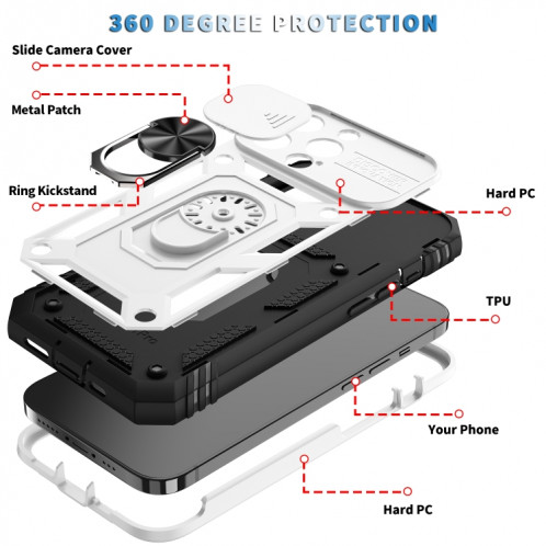 Cache de caméra coulissante conception TPU + étui de protection PC avec support rotatif à 360 degrés et emplacement de carte pour iPhone 13 Pro (blanc + noir) SH303A300-07