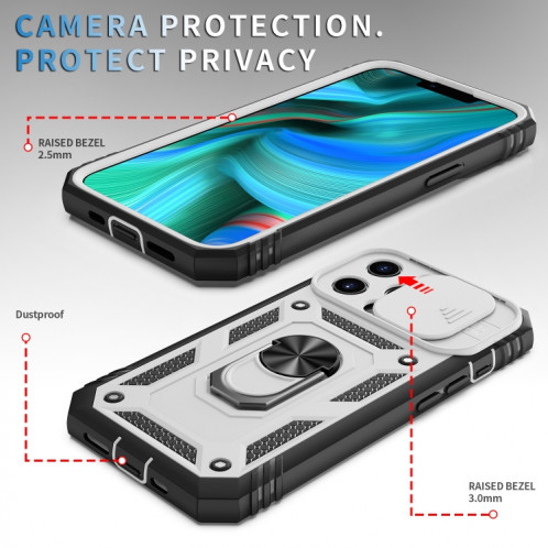 Cache de caméra coulissante conception TPU + étui de protection PC avec support rotatif à 360 degrés et emplacement de carte pour iPhone 13 Pro (blanc + noir) SH303A300-07
