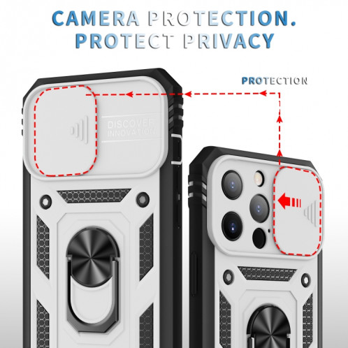 Cache de caméra coulissante conception TPU + étui de protection PC avec support rotatif à 360 degrés et emplacement de carte pour iPhone 13 Pro (blanc + noir) SH303A300-07