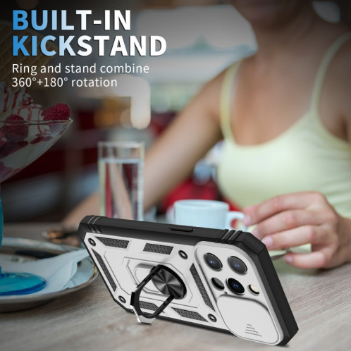 Cache de caméra coulissante conception TPU + étui de protection PC avec support rotatif à 360 degrés et emplacement de carte pour iPhone 13 Pro (blanc + noir) SH303A300-07
