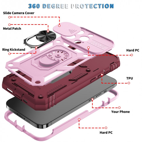Cache de caméra coulissante Conception TPU + PC Cas de protection avec support rotatif à 360 degrés et emplacement de carte pour iPhone 13 Pro (rose + rouge foncé) SH303B1700-07