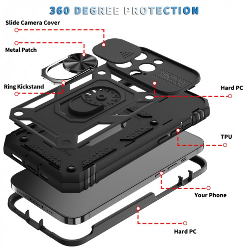 Cache de caméra coulissante conception TPU + PC Cas de protection avec support rotatif à 360 degrés et emplacement de carte pour iPhone 13 Pro (noir + noir) SH303D713-07
