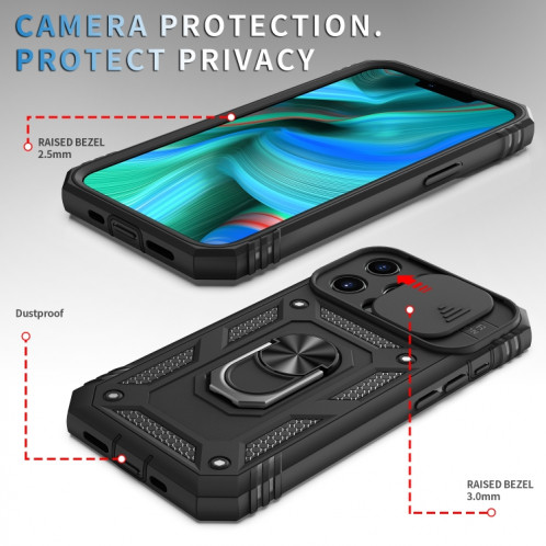 Cache de caméra coulissante conception TPU + PC Cas de protection avec support rotatif à 360 degrés et emplacement de carte pour iPhone 13 Pro (noir + noir) SH303D713-07
