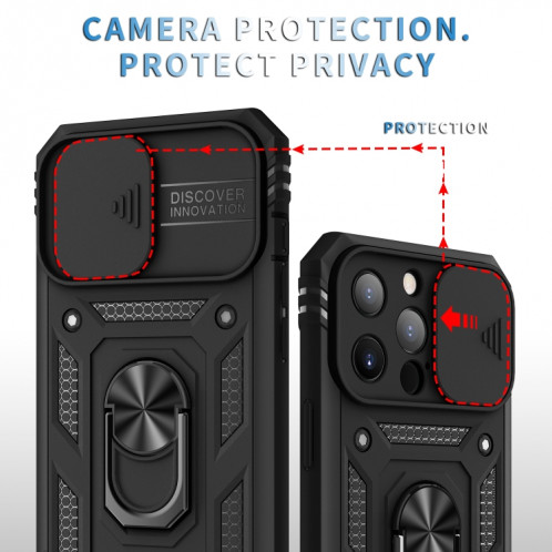 Cache de caméra coulissante conception TPU + PC Cas de protection avec support rotatif à 360 degrés et emplacement de carte pour iPhone 13 Pro (noir + noir) SH303D713-07