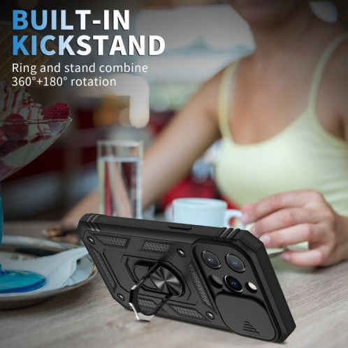 Cache de caméra coulissante conception TPU + PC Cas de protection avec support rotatif à 360 degrés et emplacement de carte pour iPhone 13 Pro (noir + noir) SH303D713-07