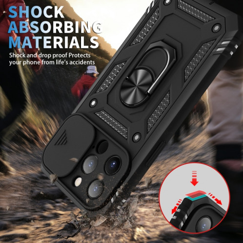 Cache de caméra coulissante conception TPU + PC Cas de protection avec support rotatif à 360 degrés et emplacement de carte pour iPhone 13 Pro (noir + noir) SH303D713-07