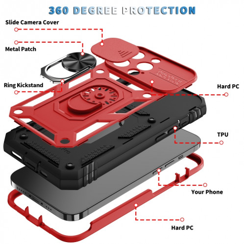Cache de caméra coulissante conception TPU + étui de protection PC avec support rotatif à 360 degrés et emplacement de carte pour iPhone 13 Pro (rouge + noir) SH303E736-07