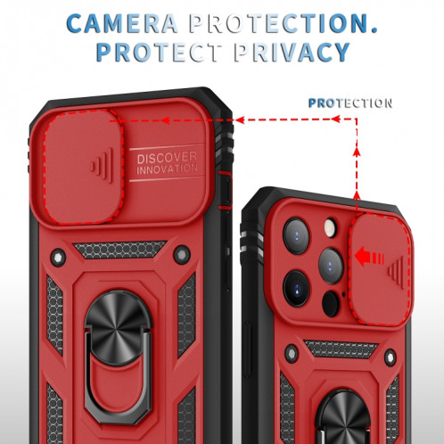 Cache de caméra coulissante conception TPU + étui de protection PC avec support rotatif à 360 degrés et emplacement de carte pour iPhone 13 Pro (rouge + noir) SH303E736-07