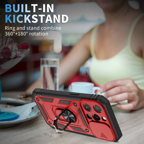 Cache de caméra coulissante conception TPU + étui de protection PC avec support rotatif à 360 degrés et emplacement de carte pour iPhone 13 Pro (rouge + noir) SH303E736-07