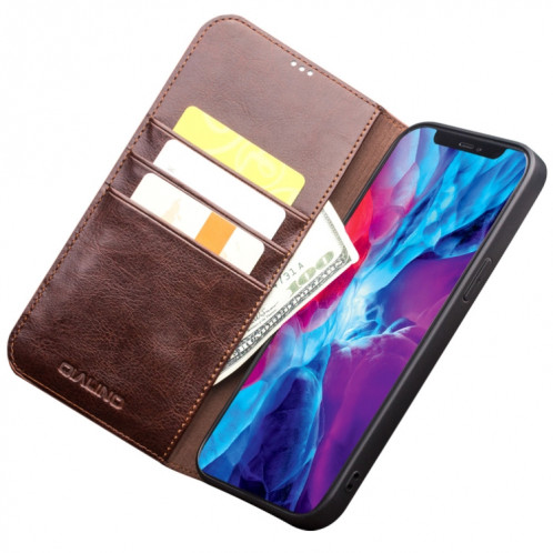 Horizontal Qialino Horizontal Toam Coating avec porte-carte et portefeuille pour iPhone 13 Pro Max (Brown) SQ204B1343-05