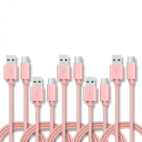 5 PCS USB à USB-C / Type-C Nylon Traité Traité Tableau de transmission de la transmission, Durée du câble: 1M (rose) SH601D556-07