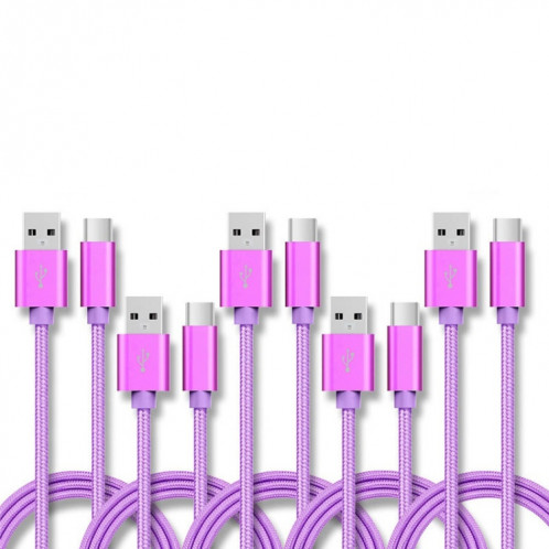 5 PCS USB à USB-C / Type-C Câble de transmission de données de chargement tressé, Durée du câble: 1M (violet) SH601E746-07