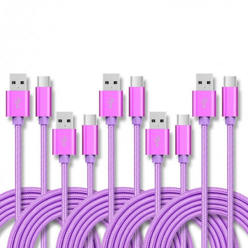 5 PCS USB à USB-C / Type-C Nylon TRESSION DE TRANSMISSION DE TRANSMISSION DE TRANSMISSION DE TRANSMISSION DE CABLE: 2M (Violet) SH602E439-07