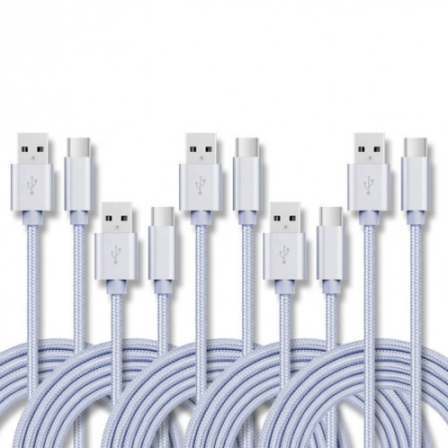 5 PCS USB à USB-C / Type-C Câble de transmission de données tresses de chargement de Nylon, Longueur du câble: 2M (argent) SH602F1668-07