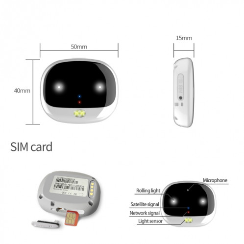 Autourfar RF-V47 IP67 MULI-FONCTION MINI GPS PET Tracker avec clip de LED et arrière (noir) SR701A656-09