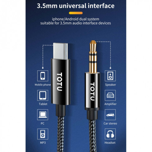 Totudesign EAUC-032 Série rapide Type-C / USB-C à 3,5 mm Câble audio audio, longueur: 1m (noir) ST801A95-06